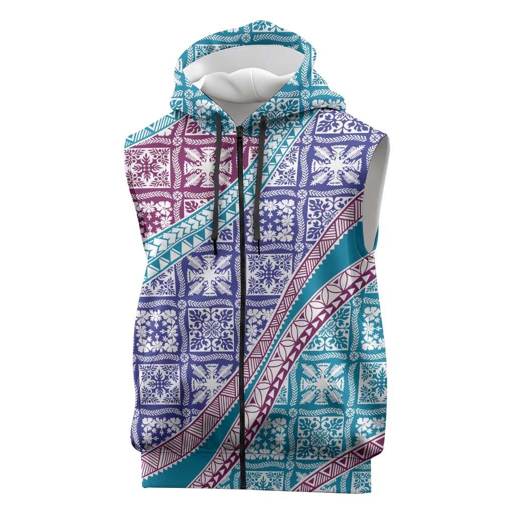 Hawaiian Quilt Pattern Sleeveless Zip Hoodie Purple Blue Color Mixed - Polynesian Pride