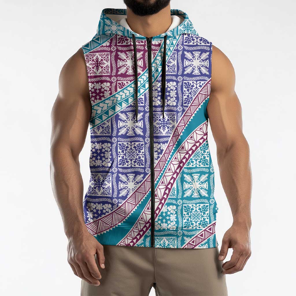 Hawaiian Quilt Pattern Sleeveless Zip Hoodie Purple Blue Color Mixed LT01 - Polynesian Pride