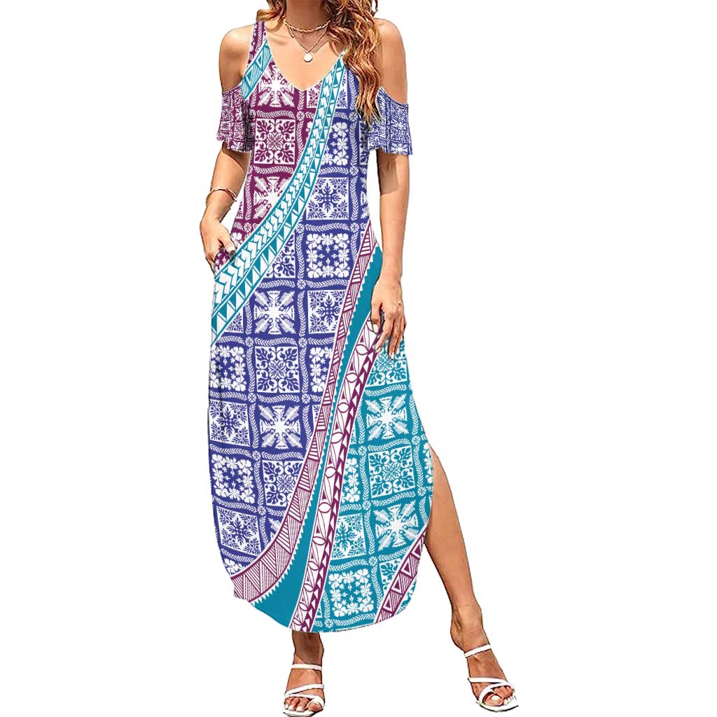 Hawaiian Quilt Pattern Summer Maxi Dress Purple Blue Color Mixed LT01 Women Purple - Polynesian Pride