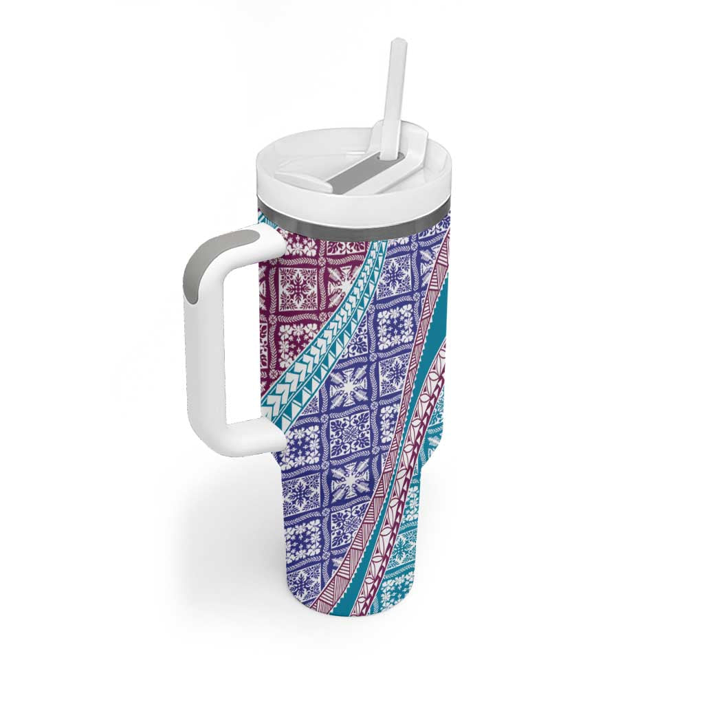 Hawaiian Quilt Pattern Tumbler With Handle Purple Blue Color Mixed - Polynesian Pride