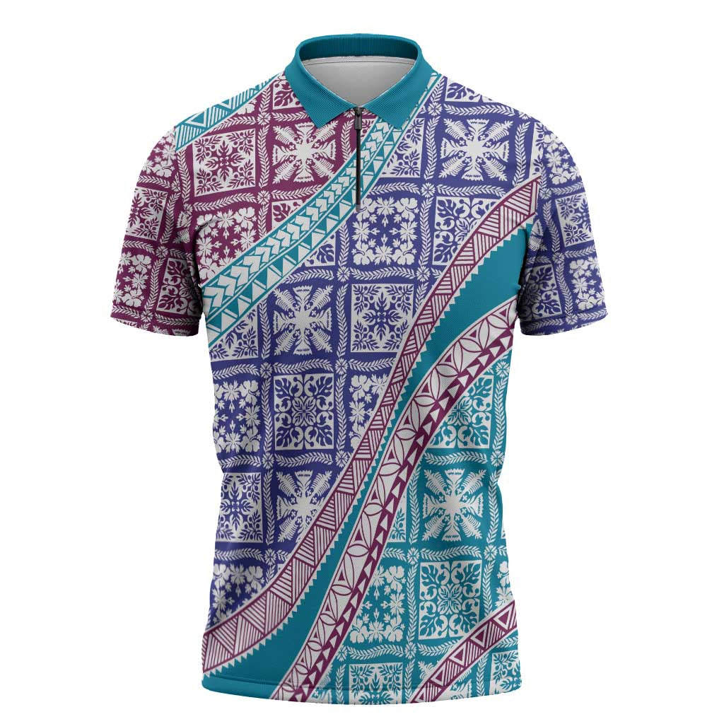 Hawaiian Quilt Pattern Zipper Polo Shirt Purple Blue Color Mixed LT01 Purple - Polynesian Pride