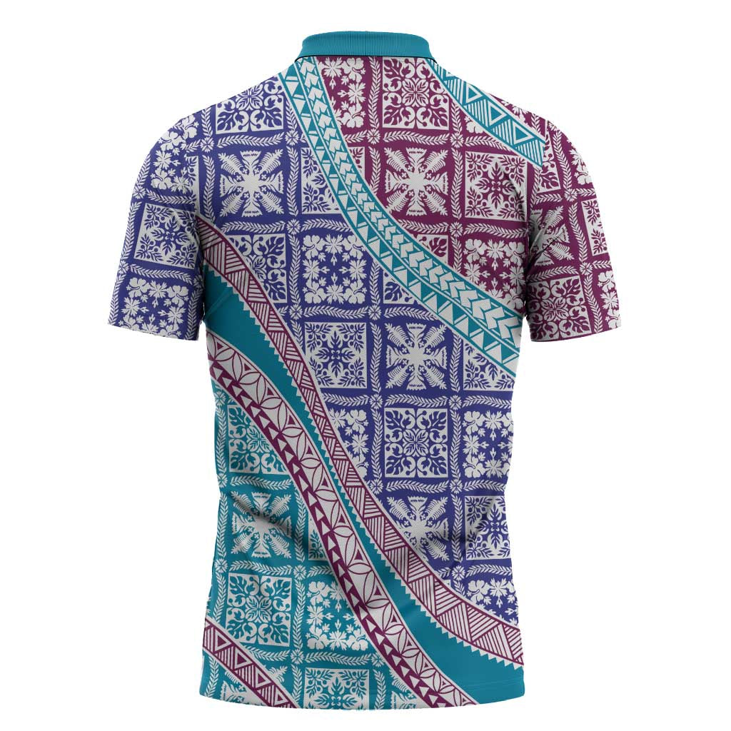 Hawaiian Quilt Pattern Zipper Polo Shirt Purple Blue Color Mixed LT01 - Polynesian Pride