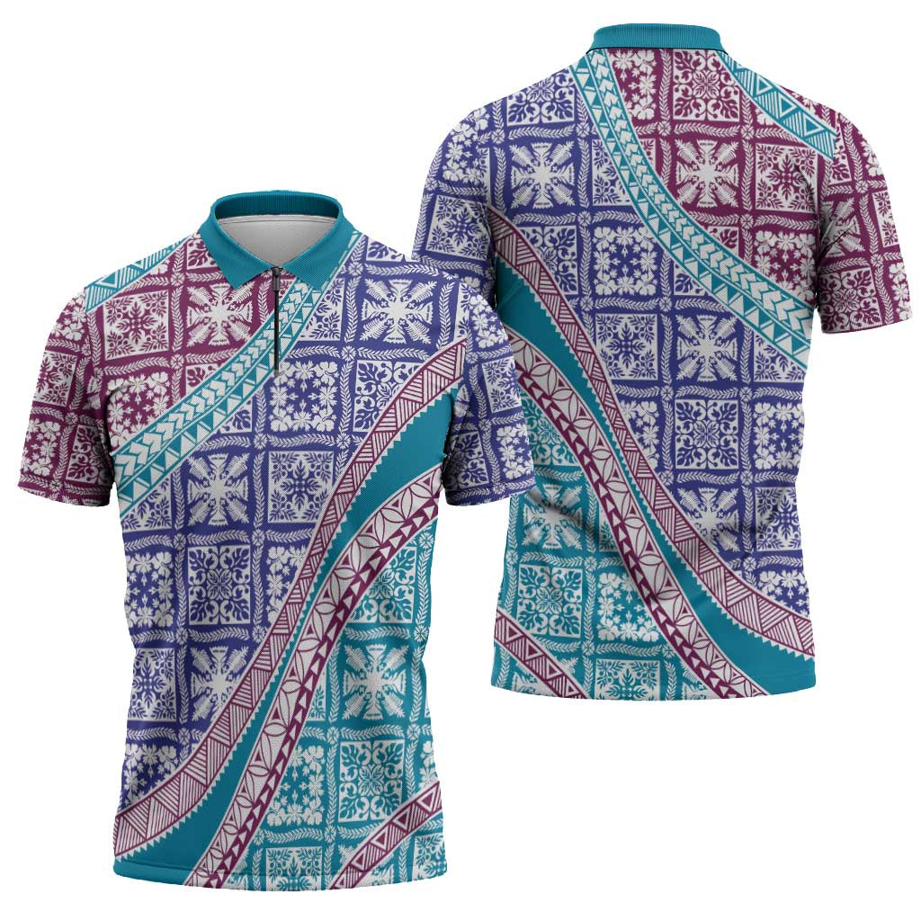 Hawaiian Quilt Pattern Zipper Polo Shirt Purple Blue Color Mixed LT01 - Polynesian Pride