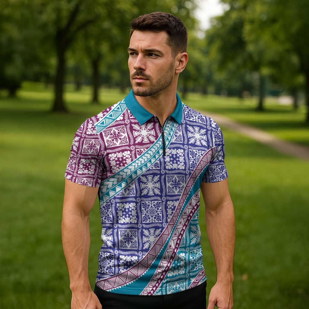 Hawaiian Quilt Pattern Zipper Polo Shirt Purple Blue Color Mixed LT01 - Polynesian Pride