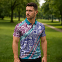 Hawaiian Quilt Pattern Zipper Polo Shirt Purple Blue Color Mixed LT01 - Polynesian Pride