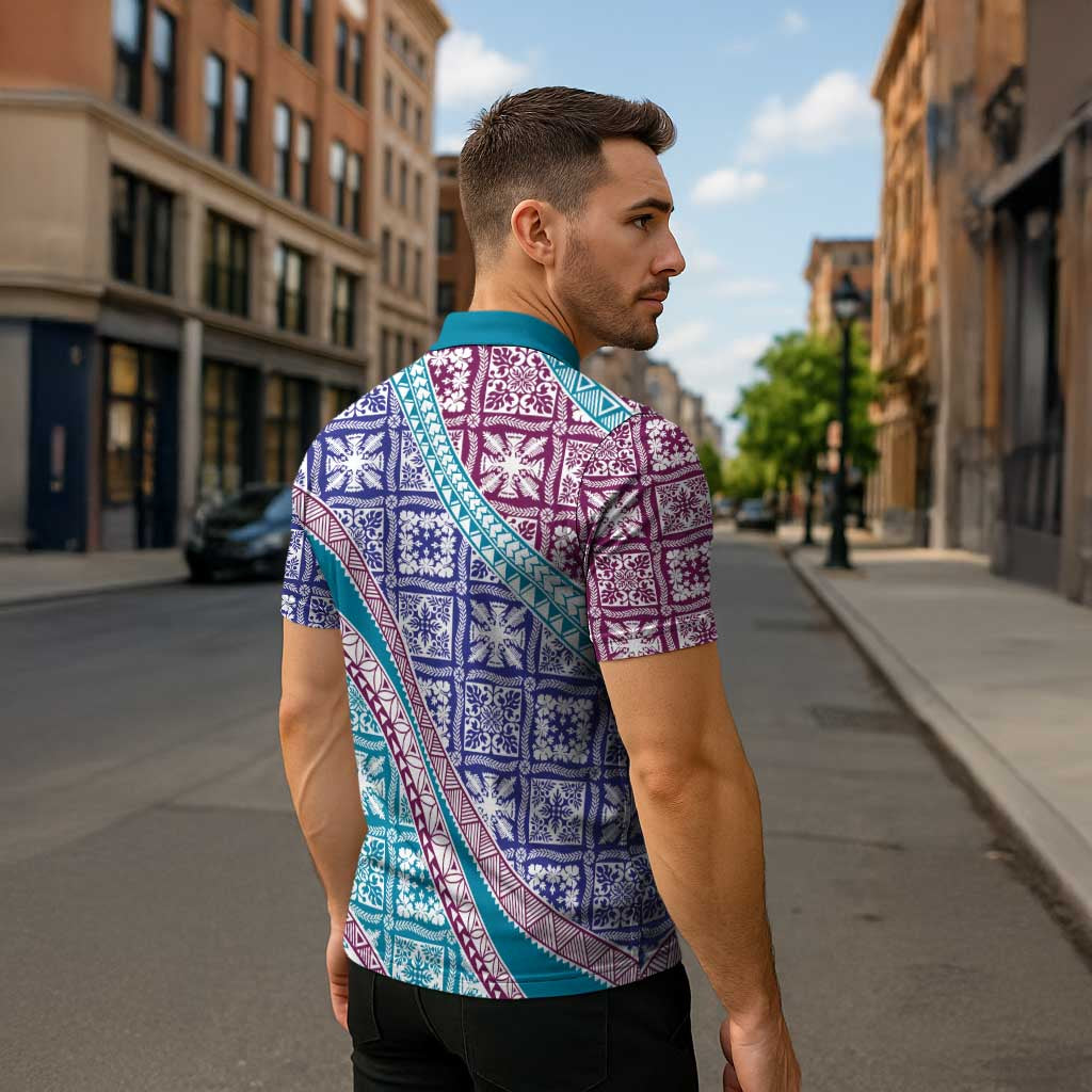 Hawaiian Quilt Pattern Zipper Polo Shirt Purple Blue Color Mixed LT01 - Polynesian Pride