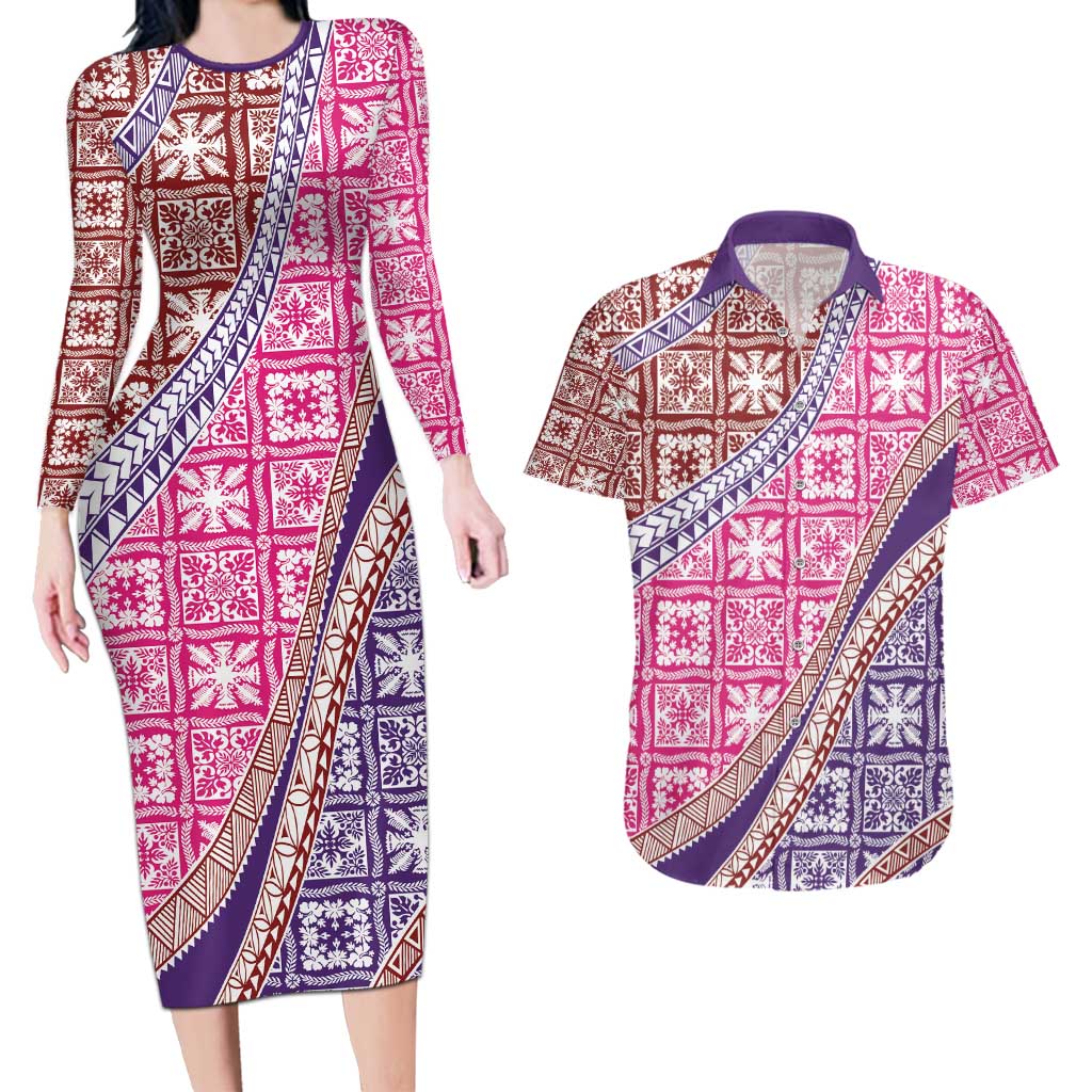 Hawaiian Quilt Pattern Couples Matching Long Sleeve Bodycon Dress and Hawaiian Shirt Sweet Color Mixed LT01 Pink - Polynesian Pride