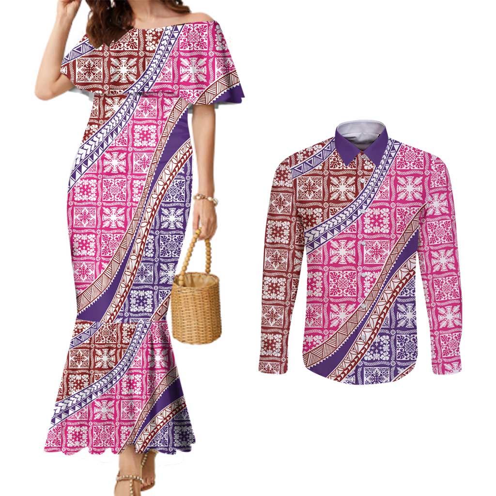 Hawaiian Quilt Pattern Couples Matching Mermaid Dress and Long Sleeve Button Shirt Sweet Color Mixed LT01 Pink - Polynesian Pride