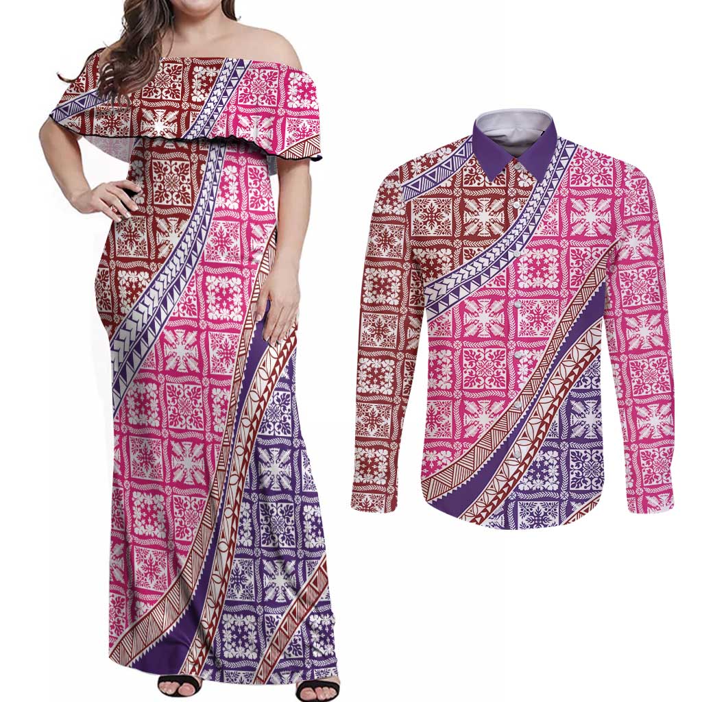 Hawaiian Quilt Pattern Couples Matching Off Shoulder Maxi Dress and Long Sleeve Button Shirt Sweet Color Mixed LT01 Pink - Polynesian Pride