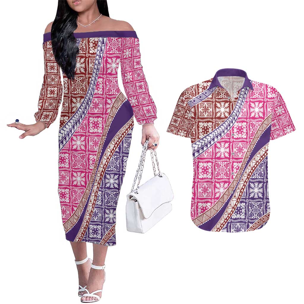 Hawaiian Quilt Pattern Couples Matching Off The Shoulder Long Sleeve Dress and Hawaiian Shirt Sweet Color Mixed - Polynesian Pride