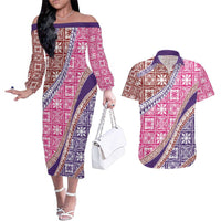 Hawaiian Quilt Pattern Couples Matching Off The Shoulder Long Sleeve Dress and Hawaiian Shirt Sweet Color Mixed - Polynesian Pride