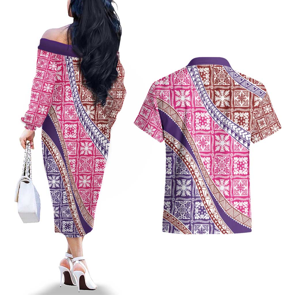 Hawaiian Quilt Pattern Couples Matching Off The Shoulder Long Sleeve Dress and Hawaiian Shirt Sweet Color Mixed - Polynesian Pride