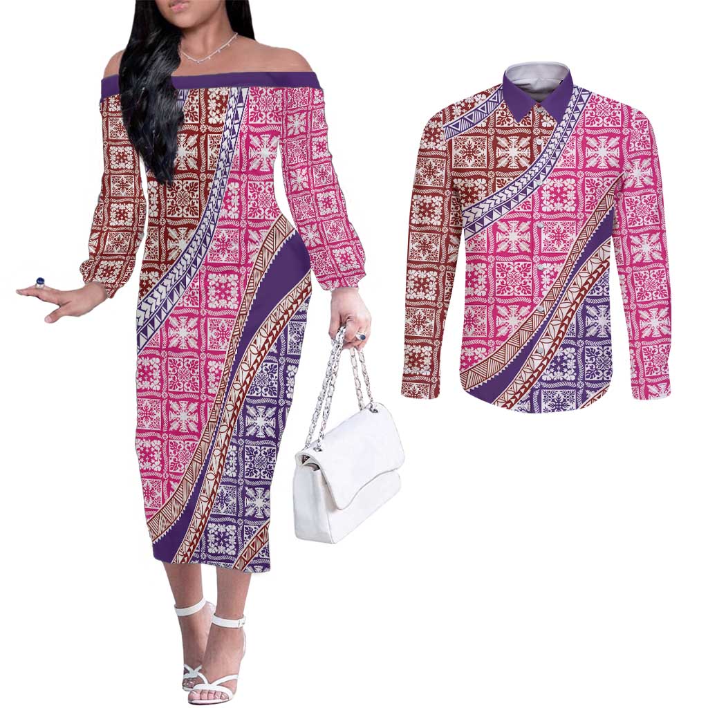 Hawaiian Quilt Pattern Couples Matching Off The Shoulder Long Sleeve Dress and Long Sleeve Button Shirt Sweet Color Mixed - Polynesian Pride