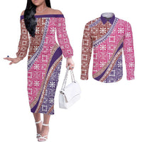 Hawaiian Quilt Pattern Couples Matching Off The Shoulder Long Sleeve Dress and Long Sleeve Button Shirt Sweet Color Mixed - Polynesian Pride