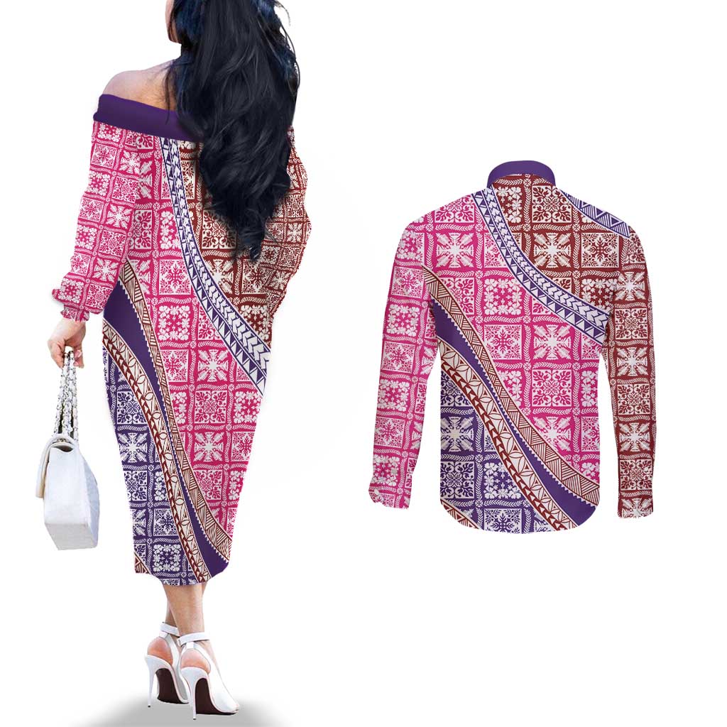 Hawaiian Quilt Pattern Couples Matching Off The Shoulder Long Sleeve Dress and Long Sleeve Button Shirt Sweet Color Mixed - Polynesian Pride