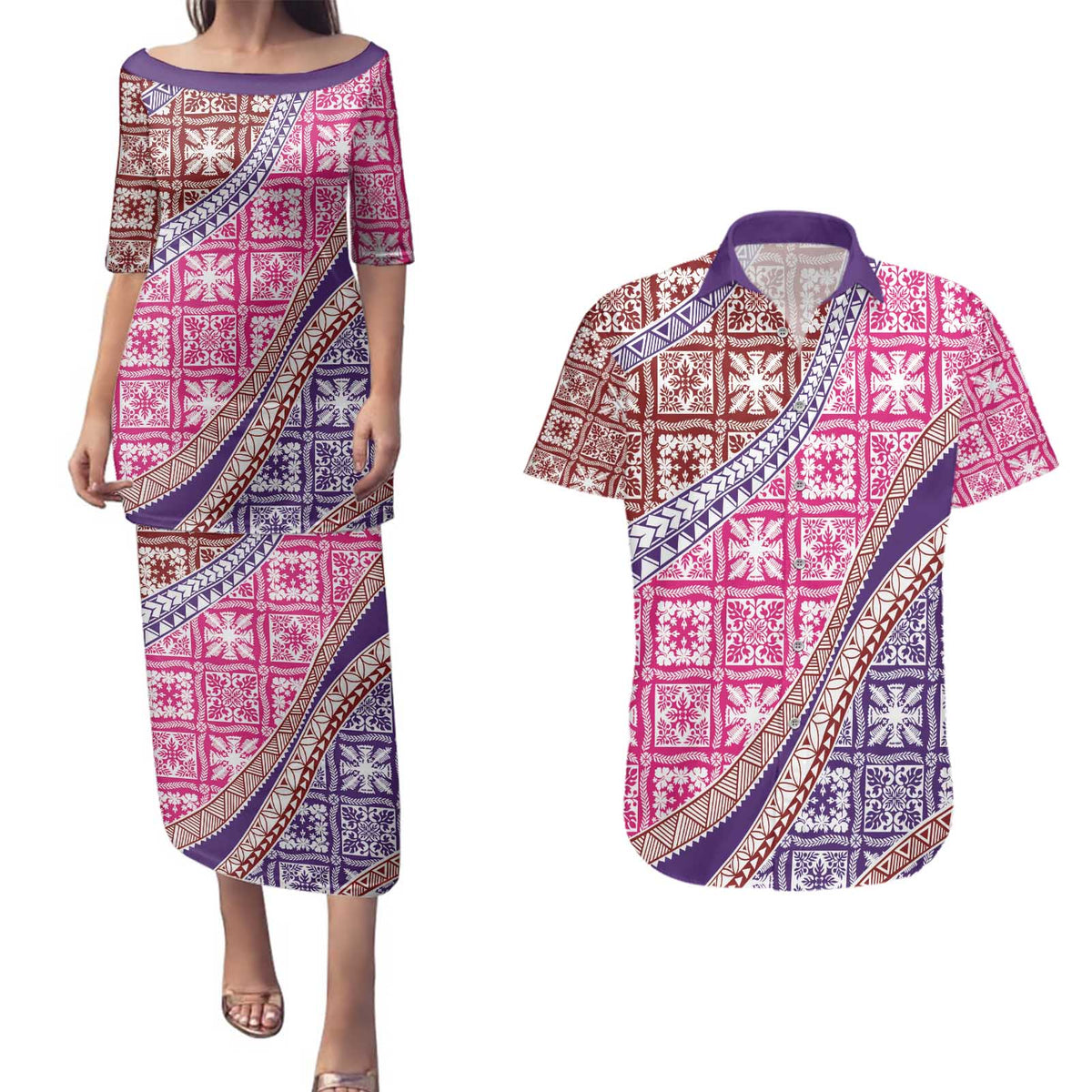 Hawaiian Quilt Pattern Couples Matching Puletasi and Hawaiian Shirt Sweet Color Mixed - Polynesian Pride