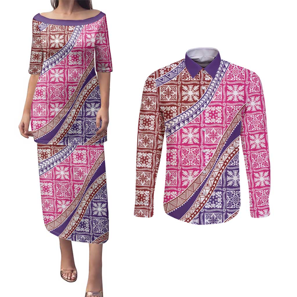 Hawaiian Quilt Pattern Couples Matching Puletasi and Long Sleeve Button Shirt Sweet Color Mixed - Polynesian Pride