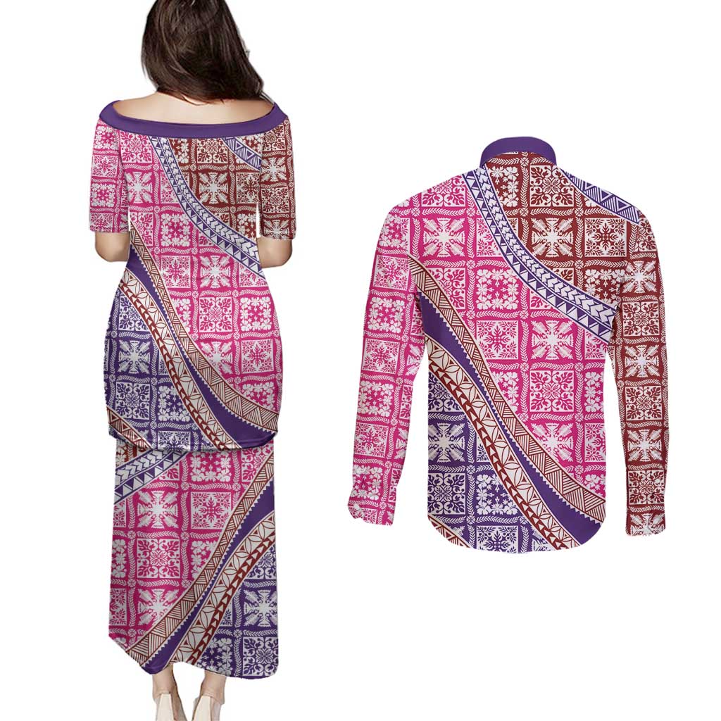 Hawaiian Quilt Pattern Couples Matching Puletasi and Long Sleeve Button Shirt Sweet Color Mixed - Polynesian Pride