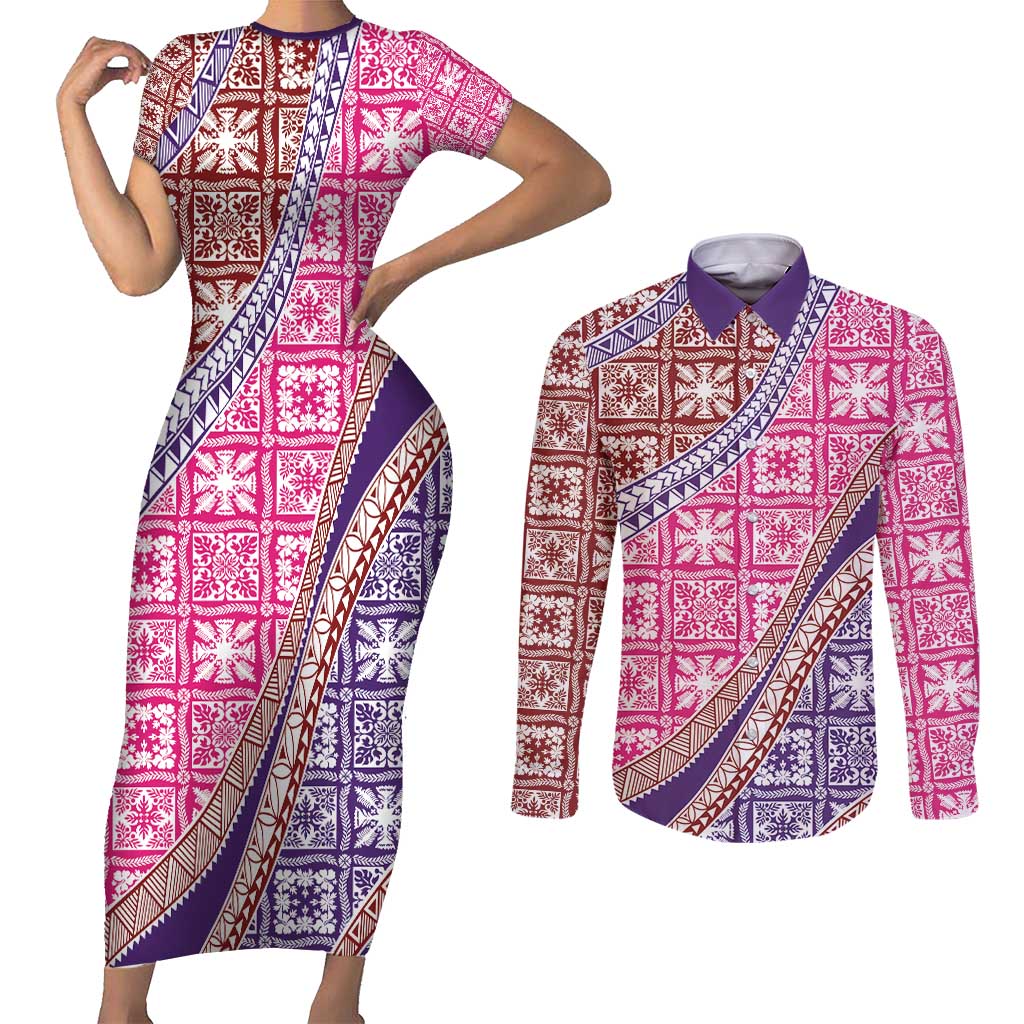 Hawaiian Quilt Pattern Couples Matching Short Sleeve Bodycon Dress and Long Sleeve Button Shirt Sweet Color Mixed LT01 Pink - Polynesian Pride