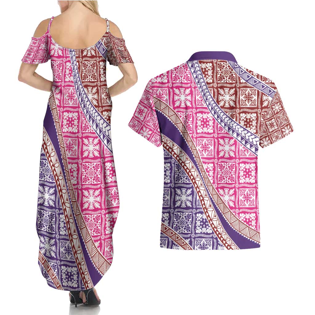 Hawaiian Quilt Pattern Couples Matching Summer Maxi Dress and Hawaiian Shirt Sweet Color Mixed - Polynesian Pride