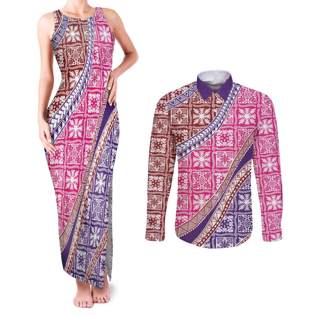 Hawaiian Quilt Pattern Couples Matching Tank Maxi Dress and Long Sleeve Button Shirt Sweet Color Mixed - Polynesian Pride