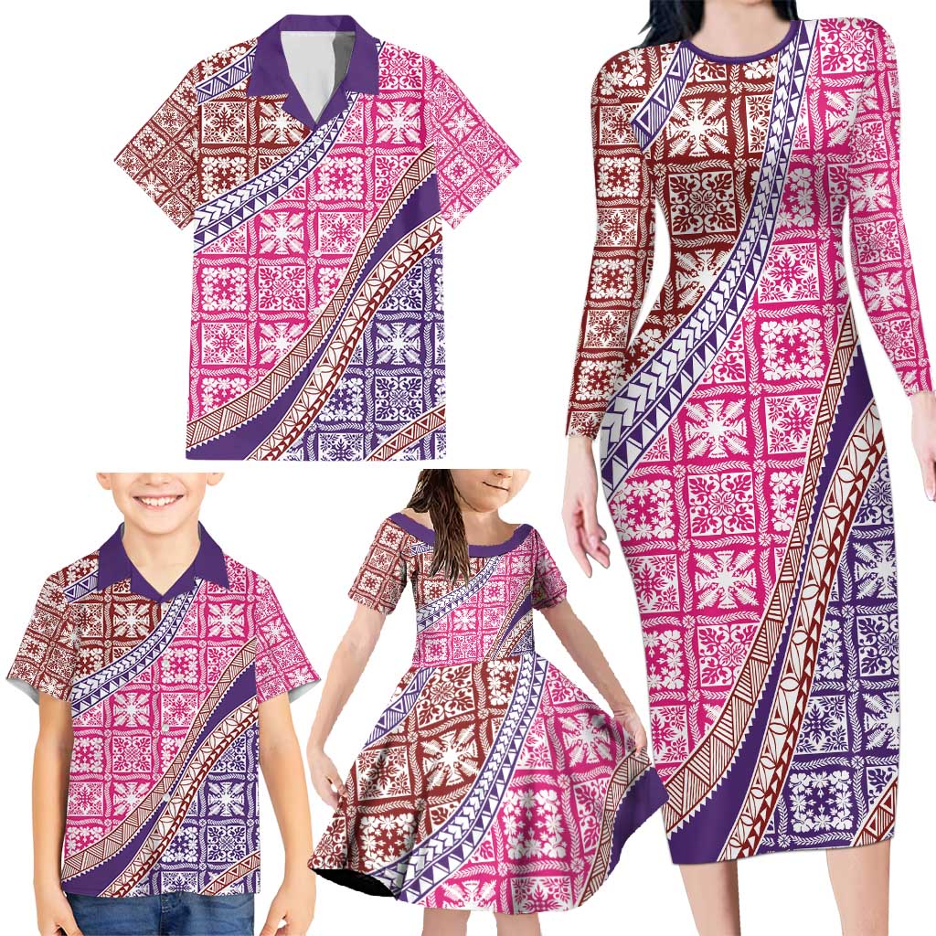 Hawaiian Quilt Pattern Family Matching Long Sleeve Bodycon Dress and Hawaiian Shirt Sweet Color Mixed LT01 - Polynesian Pride