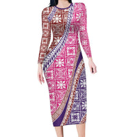 Hawaiian Quilt Pattern Family Matching Long Sleeve Bodycon Dress and Hawaiian Shirt Sweet Color Mixed LT01 Mom's Dress Pink - Polynesian Pride