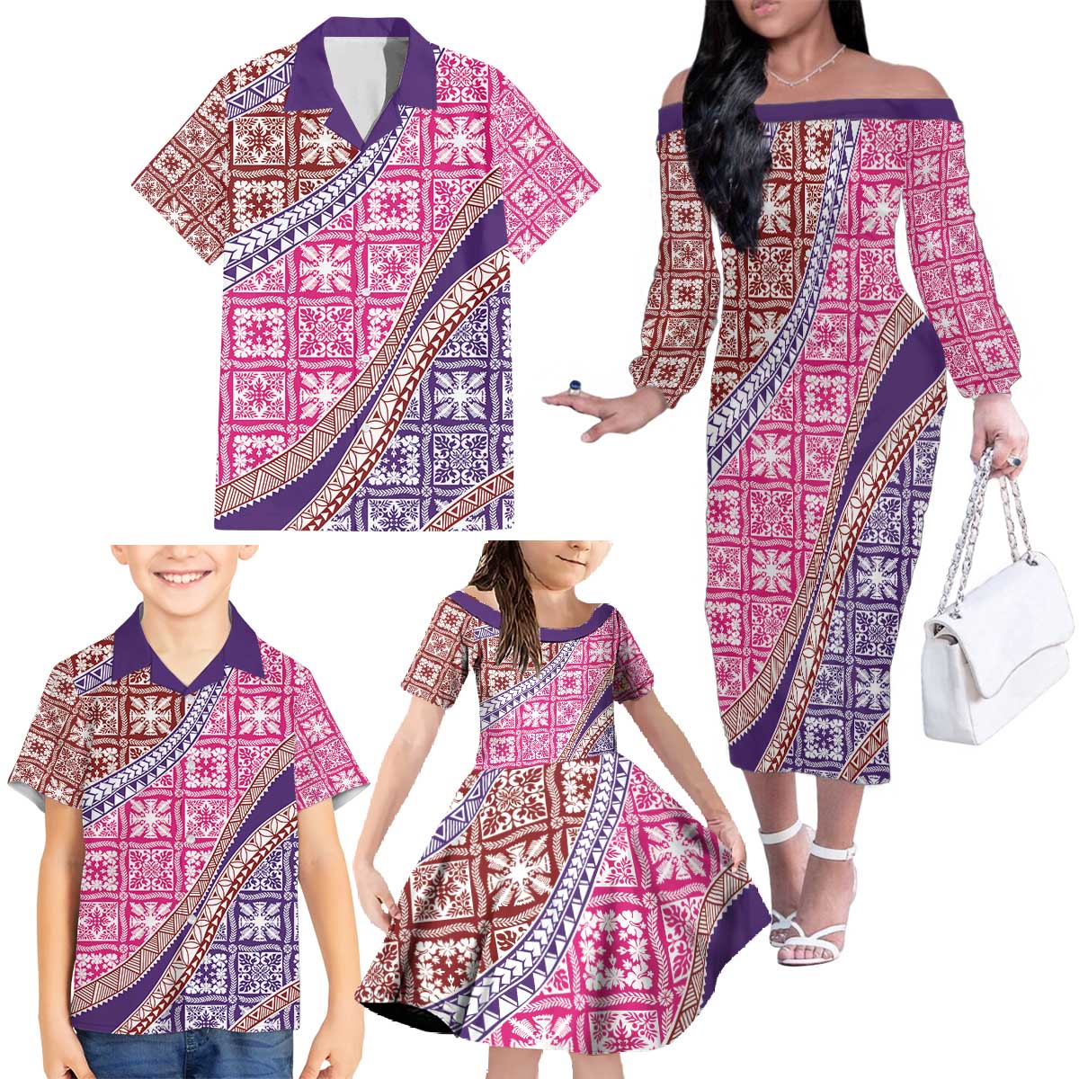 Hawaiian Quilt Pattern Family Matching Off The Shoulder Long Sleeve Dress and Hawaiian Shirt Sweet Color Mixed LT01 - Polynesian Pride