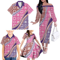 Hawaiian Quilt Pattern Family Matching Off The Shoulder Long Sleeve Dress and Hawaiian Shirt Sweet Color Mixed LT01 - Polynesian Pride