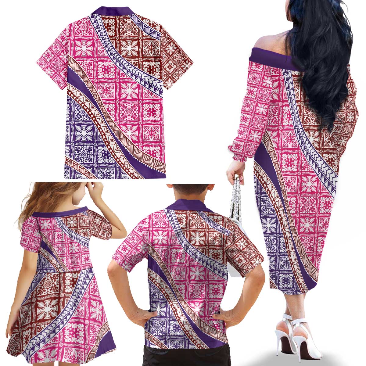 Hawaiian Quilt Pattern Family Matching Off The Shoulder Long Sleeve Dress and Hawaiian Shirt Sweet Color Mixed LT01 - Polynesian Pride