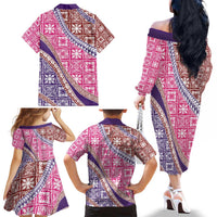 Hawaiian Quilt Pattern Family Matching Off The Shoulder Long Sleeve Dress and Hawaiian Shirt Sweet Color Mixed LT01 - Polynesian Pride