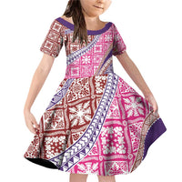 Hawaiian Quilt Pattern Family Matching Off Shoulder Short Dress and Hawaiian Shirt Sweet Color Mixed - Polynesian Pride