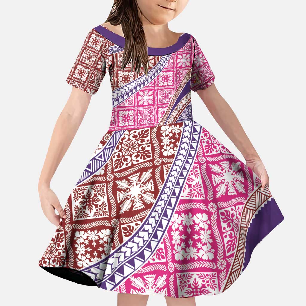 Hawaiian Quilt Pattern Family Matching Short Sleeve Bodycon Dress and Hawaiian Shirt Sweet Color Mixed LT01 Daughter's Dress Pink - Polynesian Pride
