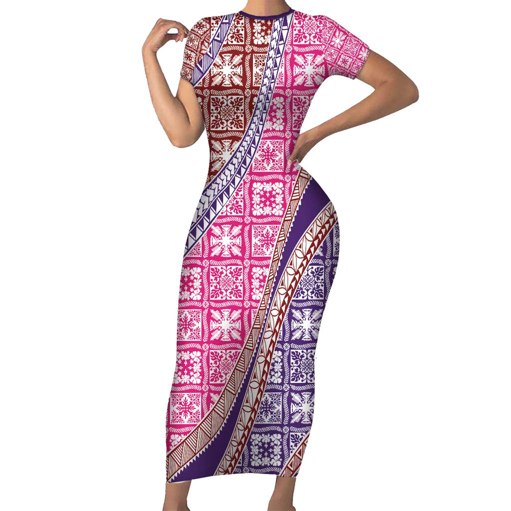 Hawaiian Quilt Pattern Family Matching Short Sleeve Bodycon Dress and Hawaiian Shirt Sweet Color Mixed LT01 Mom's Dress Pink - Polynesian Pride