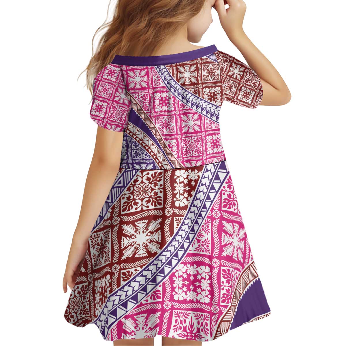 Hawaiian Quilt Pattern Kid Short Sleeve Dress Sweet Color Mixed - Polynesian Pride