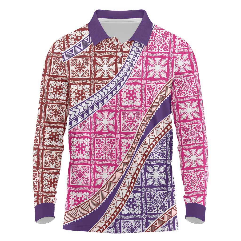 Hawaiian Quilt Pattern Long Sleeve Polo Shirt Sweet Color Mixed - Polynesian Pride