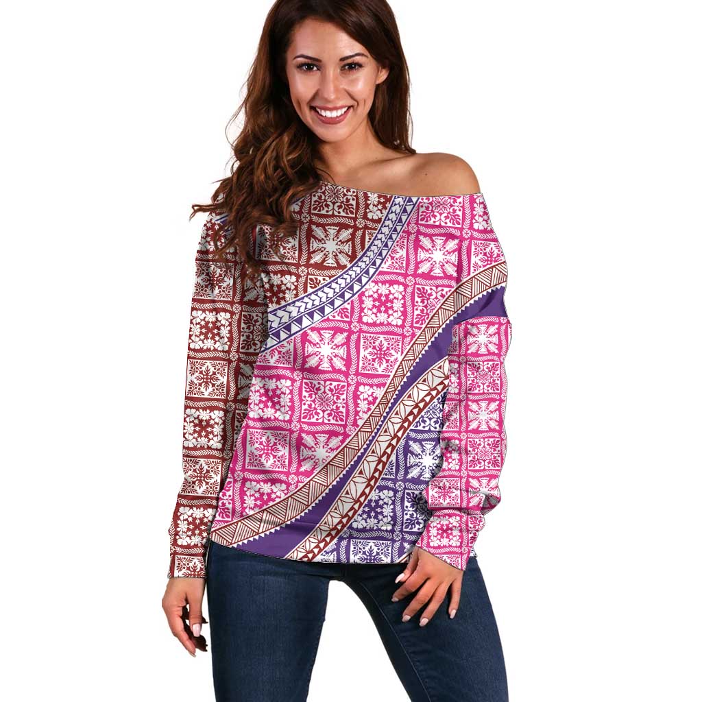 Hawaiian Quilt Pattern Off Shoulder Sweater Sweet Color Mixed LT01 Women Pink - Polynesian Pride