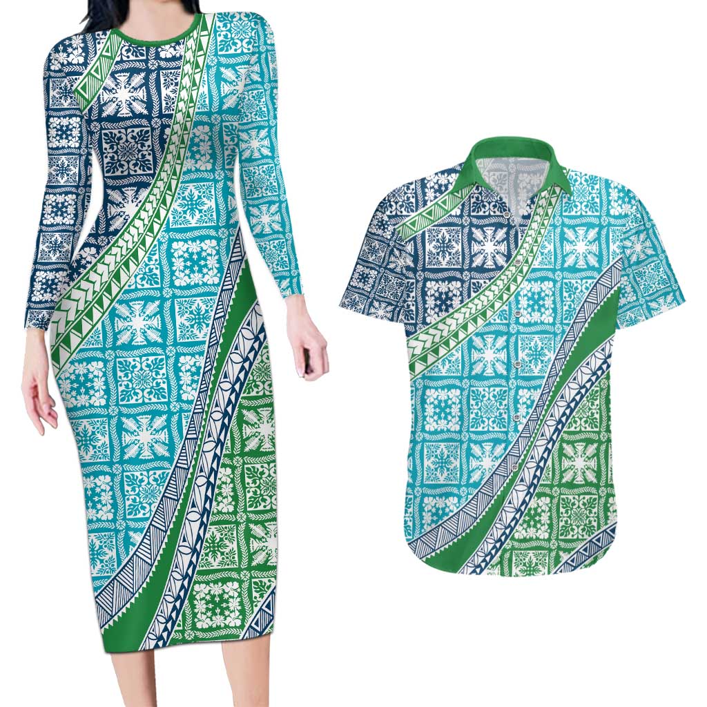 Hawaiian Quilt Pattern Couples Matching Long Sleeve Bodycon Dress and Hawaiian Shirt Fresh Color Mixed LT01 Green - Polynesian Pride