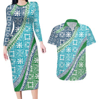 Hawaiian Quilt Pattern Couples Matching Long Sleeve Bodycon Dress and Hawaiian Shirt Fresh Color Mixed LT01 Green - Polynesian Pride