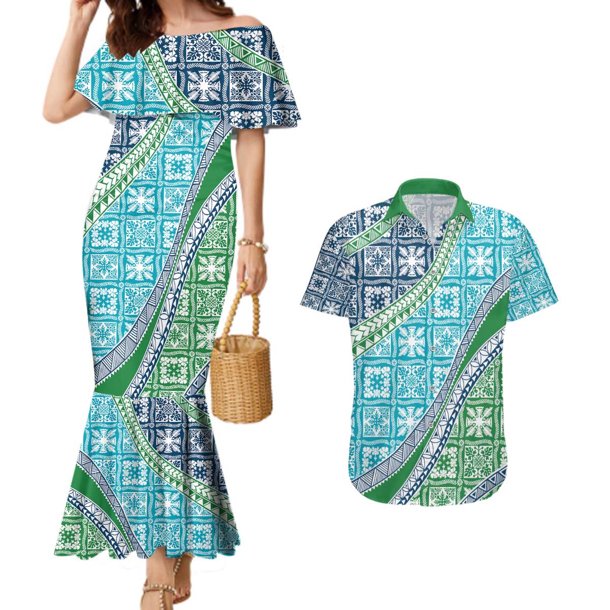 Hawaiian Quilt Pattern Couples Matching Mermaid Dress and Hawaiian Shirt Fresh Color Mixed LT01 Green - Polynesian Pride