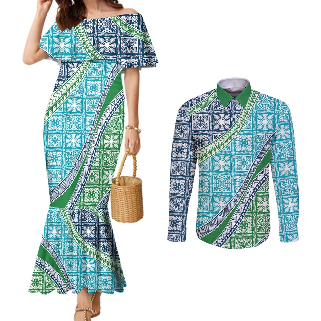 Hawaiian Quilt Pattern Couples Matching Mermaid Dress and Long Sleeve Button Shirt Fresh Color Mixed LT01 Green - Polynesian Pride