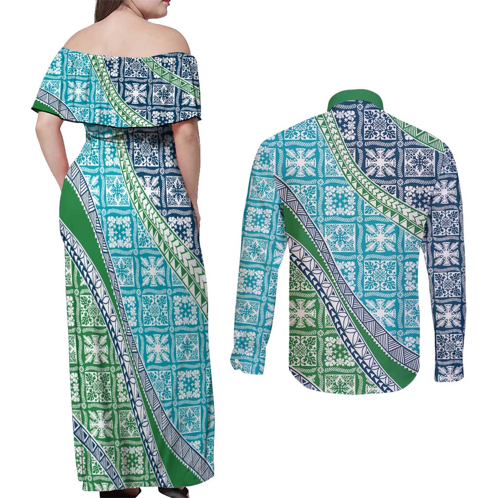 Hawaiian Quilt Pattern Couples Matching Off Shoulder Maxi Dress and Long Sleeve Button Shirt Fresh Color Mixed - Polynesian Pride