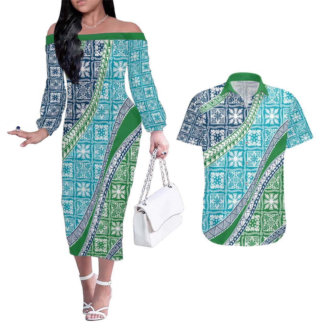 Hawaiian Quilt Pattern Couples Matching Off The Shoulder Long Sleeve Dress and Hawaiian Shirt Fresh Color Mixed LT01 Green - Polynesian Pride