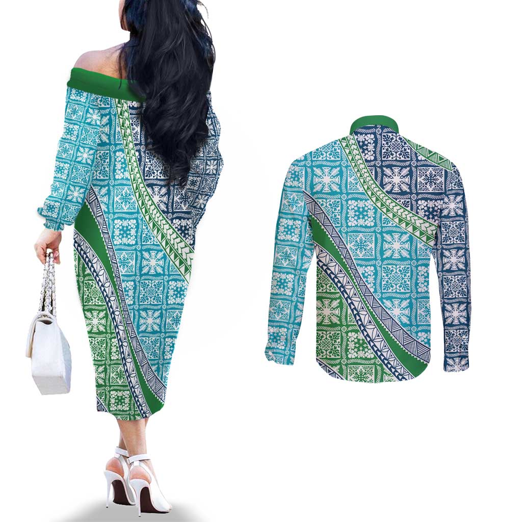 Hawaiian Quilt Pattern Couples Matching Off The Shoulder Long Sleeve Dress and Long Sleeve Button Shirt Fresh Color Mixed LT01 - Polynesian Pride