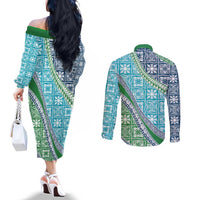Hawaiian Quilt Pattern Couples Matching Off The Shoulder Long Sleeve Dress and Long Sleeve Button Shirt Fresh Color Mixed LT01 - Polynesian Pride