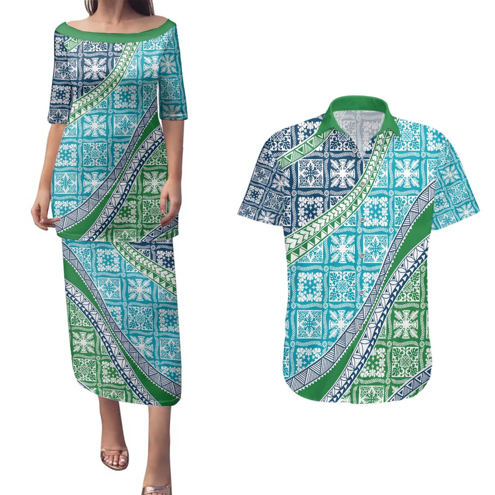 Hawaiian Quilt Pattern Couples Matching Puletasi and Hawaiian Shirt Fresh Color Mixed LT01 Green - Polynesian Pride