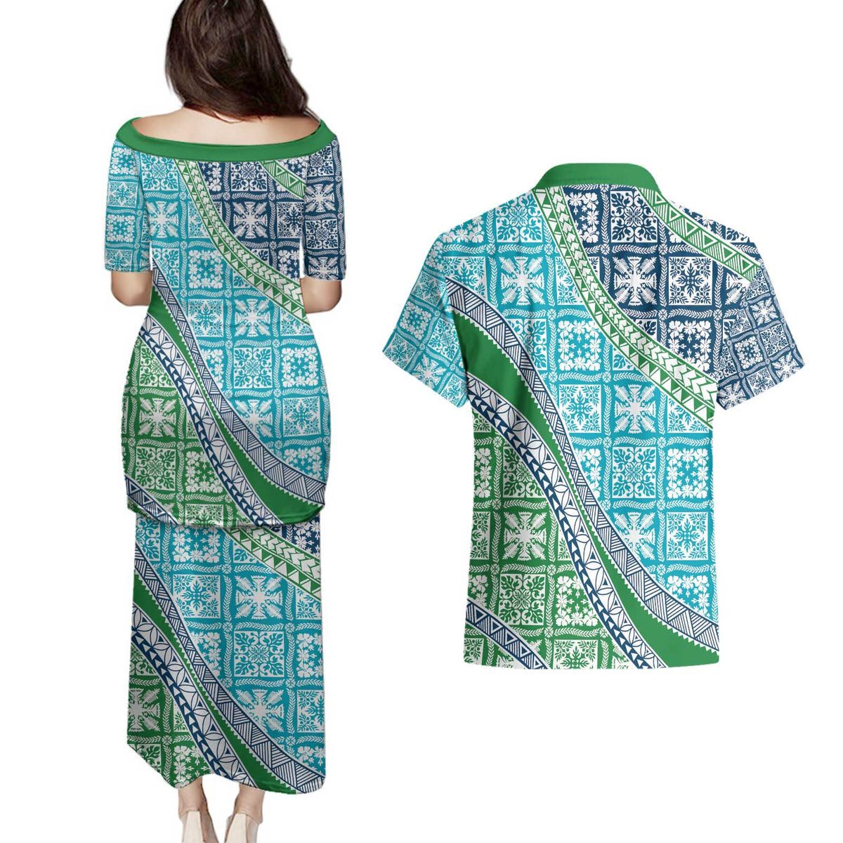 Hawaiian Quilt Pattern Couples Matching Puletasi and Hawaiian Shirt Fresh Color Mixed - Polynesian Pride