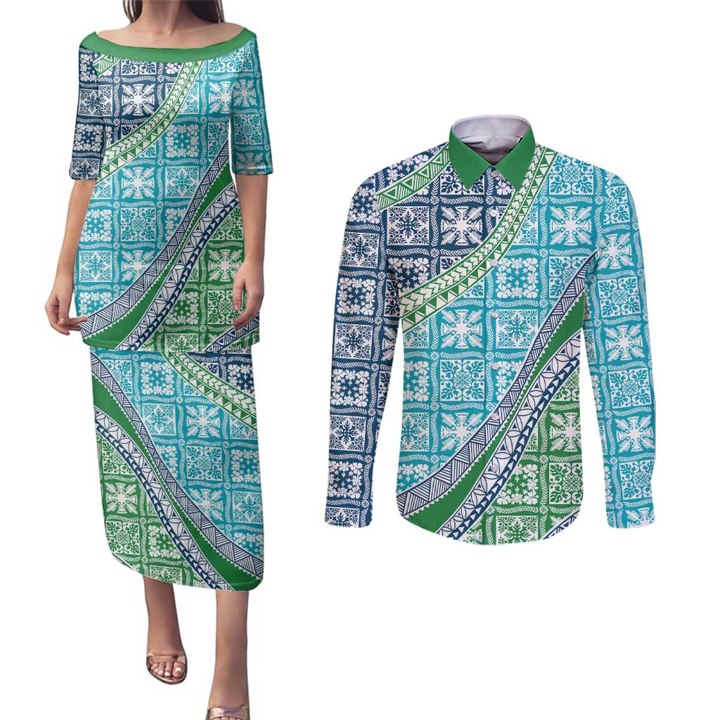 Hawaiian Quilt Pattern Couples Matching Puletasi and Long Sleeve Button Shirt Fresh Color Mixed - Polynesian Pride