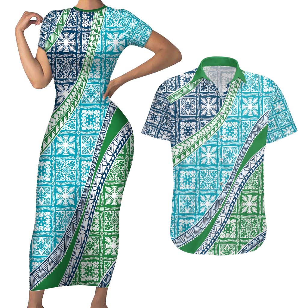 Hawaiian Quilt Pattern Couples Matching Short Sleeve Bodycon Dress and Hawaiian Shirt Fresh Color Mixed LT01 Green - Polynesian Pride