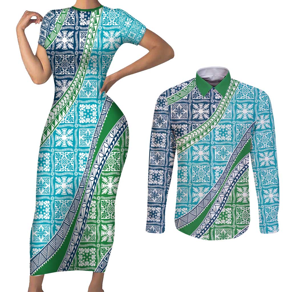 Hawaiian Quilt Pattern Couples Matching Short Sleeve Bodycon Dress and Long Sleeve Button Shirt Fresh Color Mixed LT01 Green - Polynesian Pride